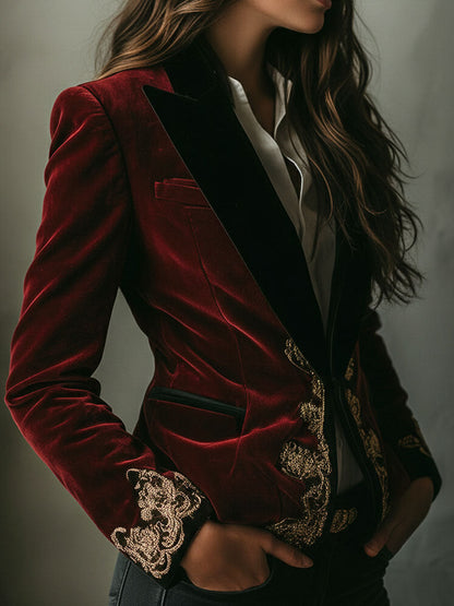 Peggy – Velvet Blazer with Gold Embroidery