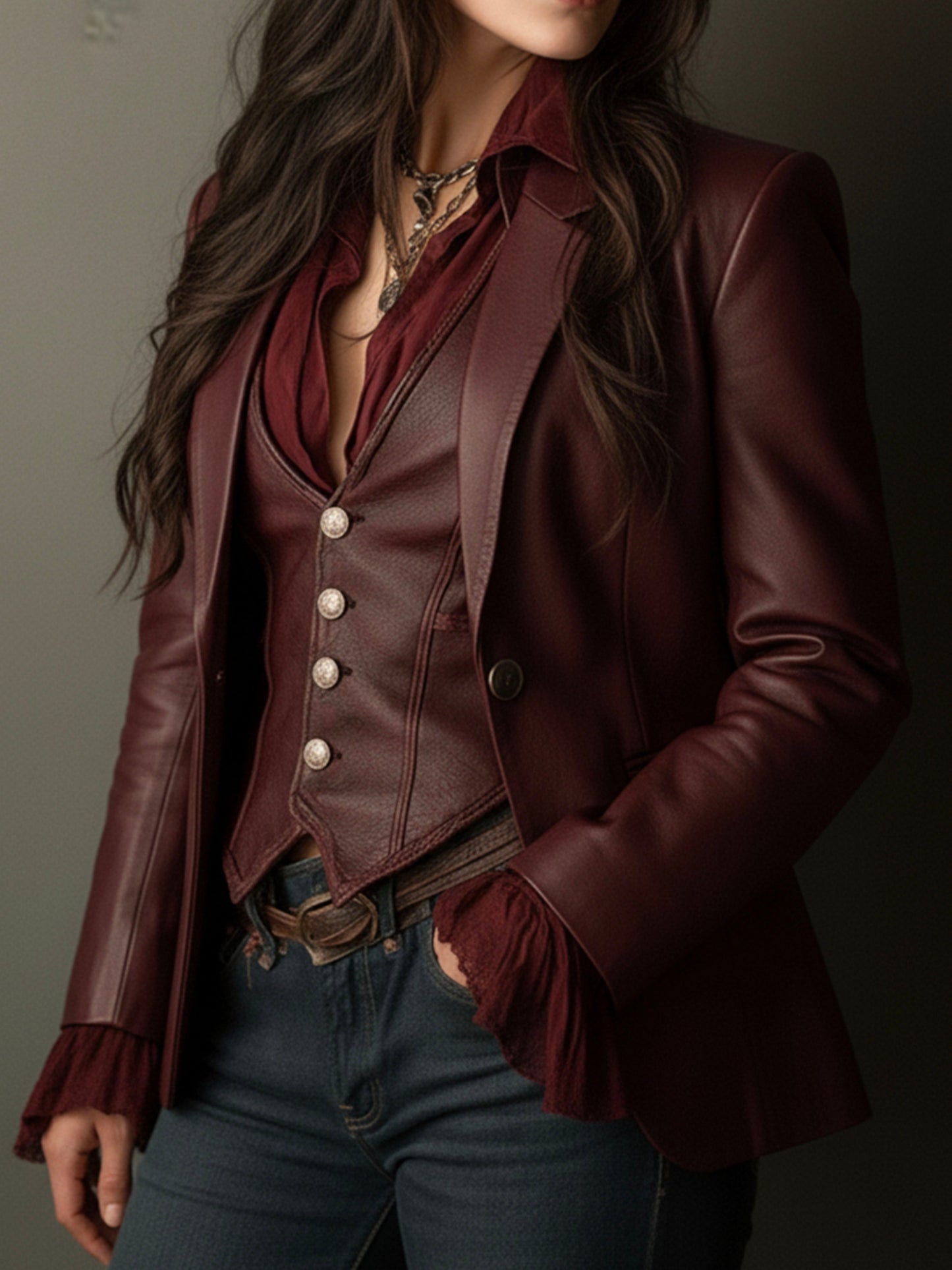 Veronica – Faux-Leather Blazer with Ruffle Detail
