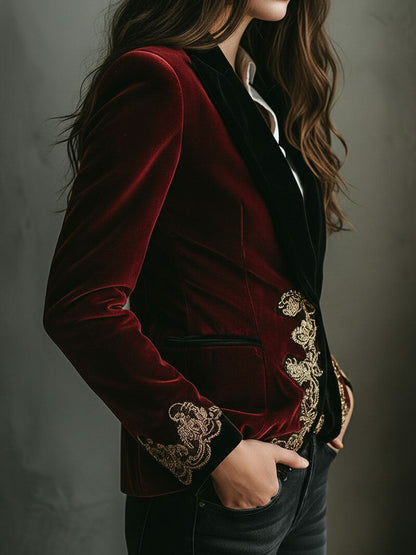 Peggy – Velvet Blazer with Gold Embroidery