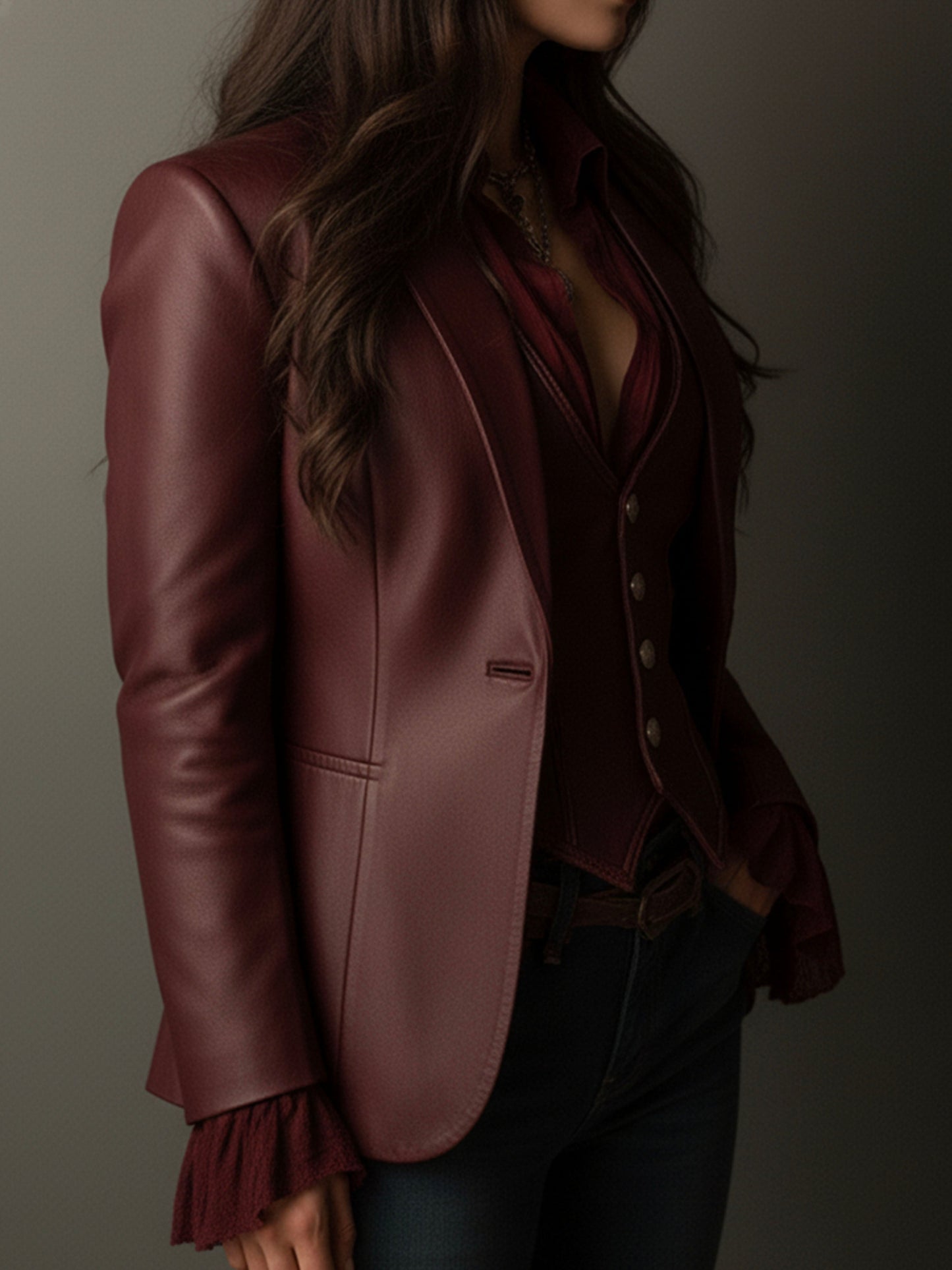 Veronica – Faux-Leather Blazer with Ruffle Detail