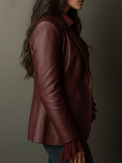 Veronica – Faux-Leather Blazer with Ruffle Detail