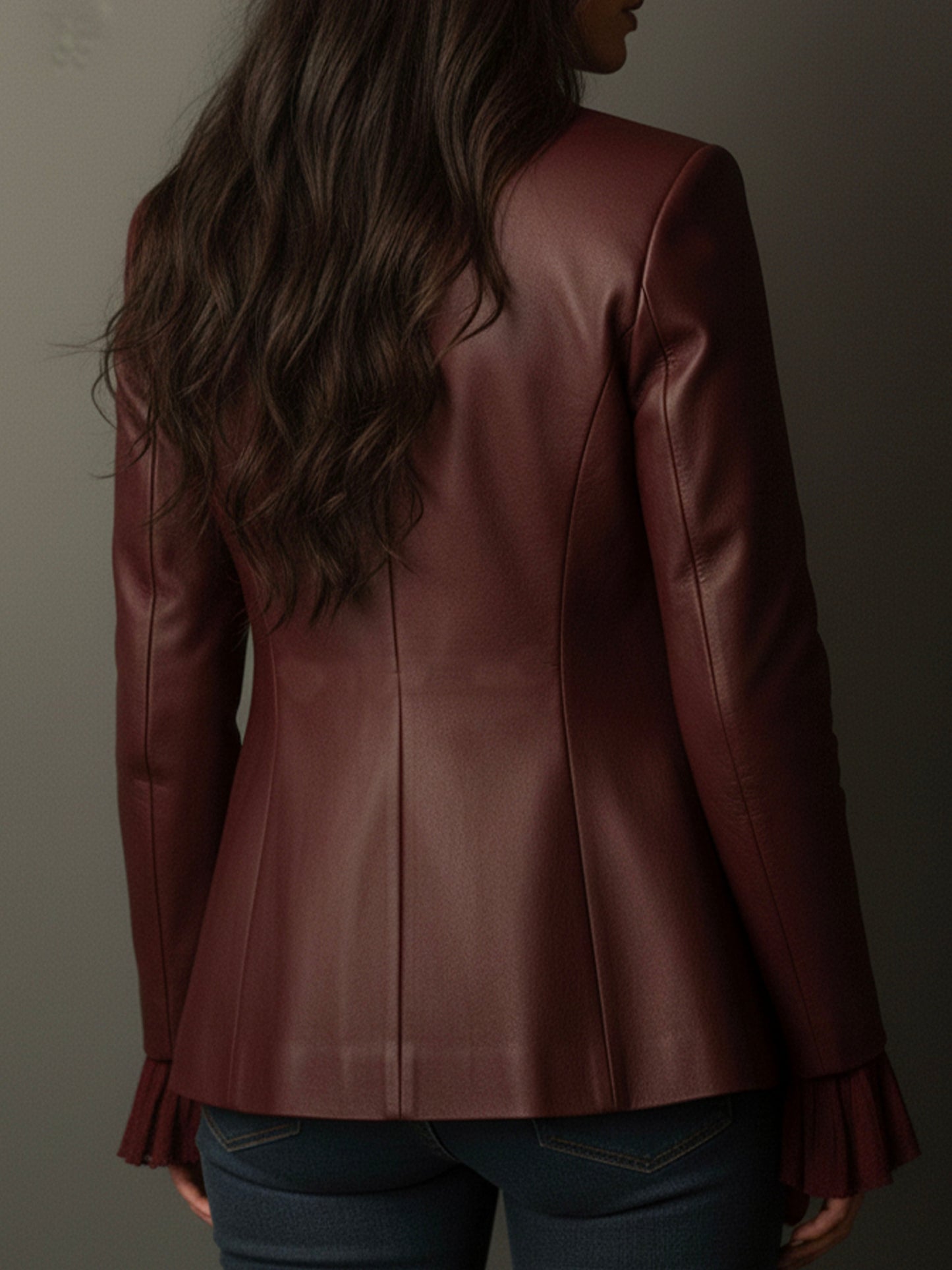 Veronica – Faux-Leather Blazer with Ruffle Detail