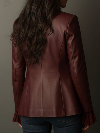 Veronica – Faux-Leather Blazer with Ruffle Detail