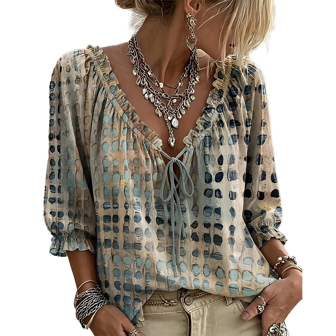 Jillian – Ruffled Tie-Front Spot Print Blouse