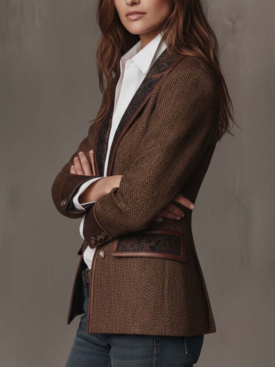 Carleen – Herringbone Blazer with Printed Panels