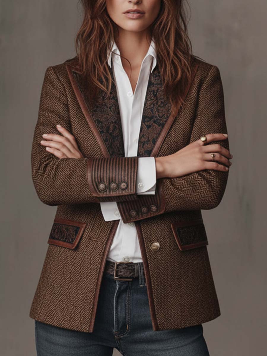 Carleen – Herringbone Blazer with Printed Panels