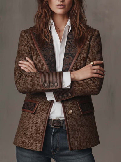 Carleen – Herringbone Blazer with Printed Panels