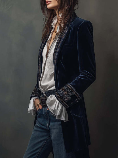 Idelle – Embroidered Velvet-Look Long Jacket