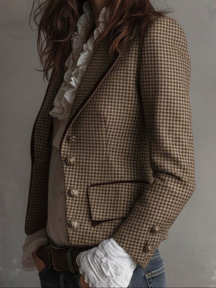Rosalie – Houndstooth Tailored Blazer with Velvet Trim