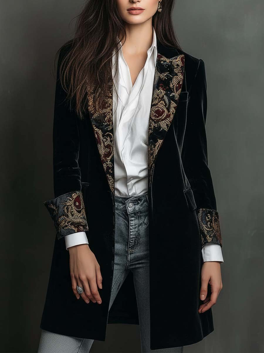 Loretta – Velvet Longline Blazer with Baroque Lapels