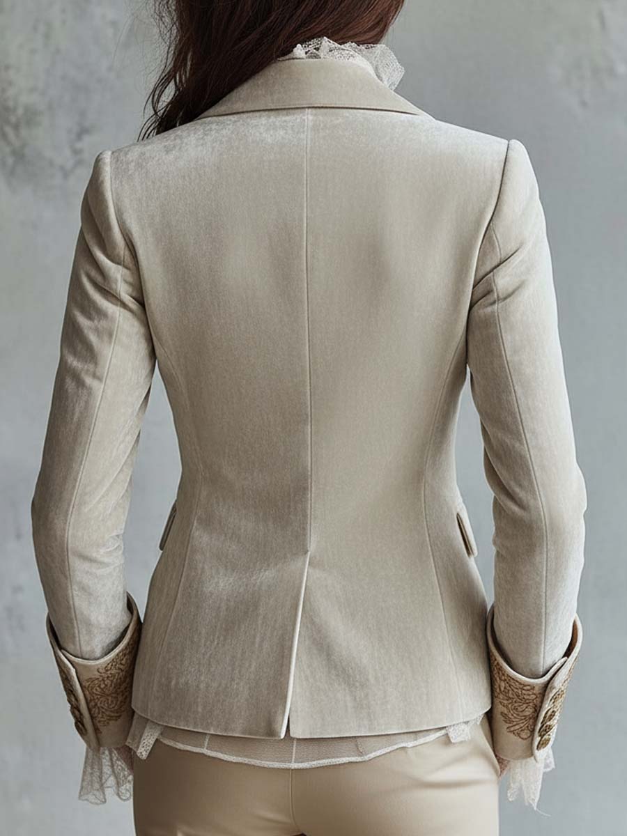 Joan – Embroidered Velvet-Look Blazer with Lace Cuffs