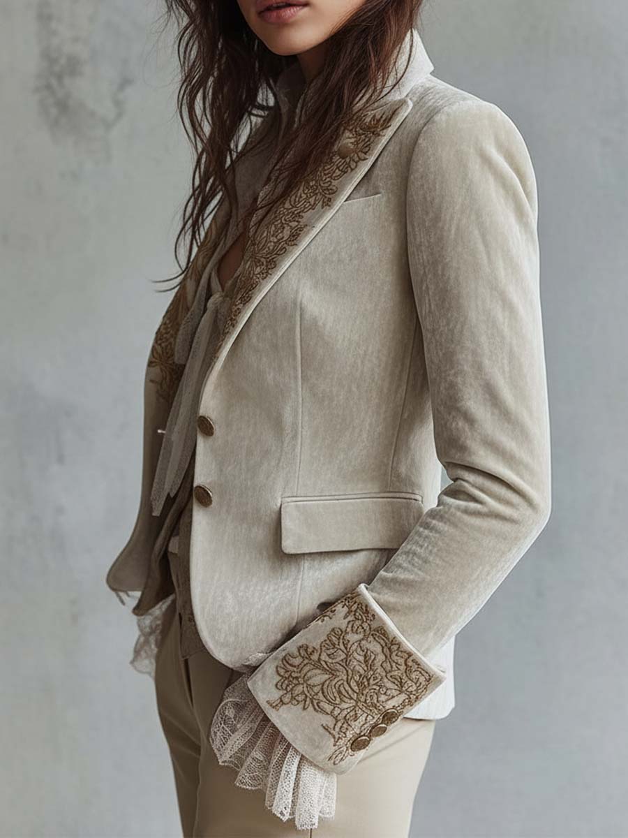 Joan – Embroidered Velvet-Look Blazer with Lace Cuffs