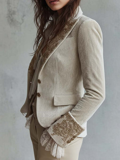 Joan – Embroidered Velvet-Look Blazer with Lace Cuffs