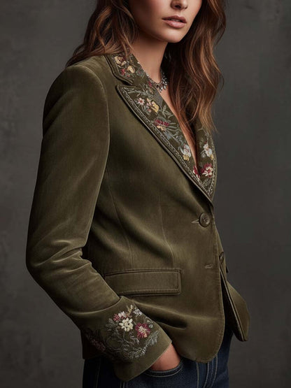 Judy – Floral Embroidered Velvet-Look Blazer