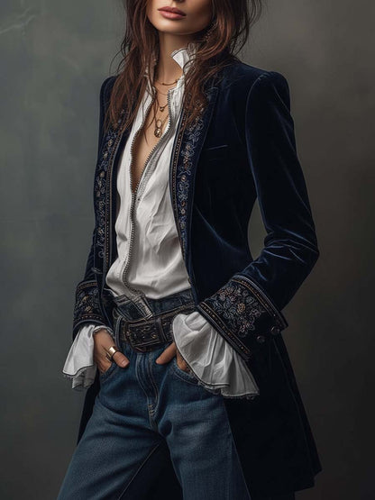 Idelle – Embroidered Velvet-Look Long Jacket