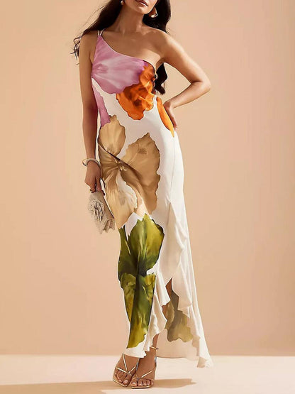 Selena | Resort Vibes Elegant Floral Print One-Shoulder Maxi Dress