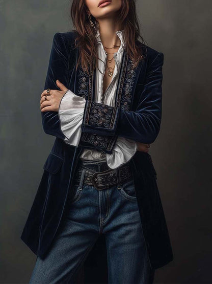 Idelle – Embroidered Velvet-Look Long Jacket