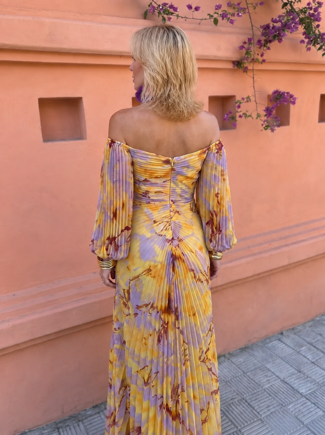 Patricia – Off-Shoulder Pleated Gown with Jewel Detail