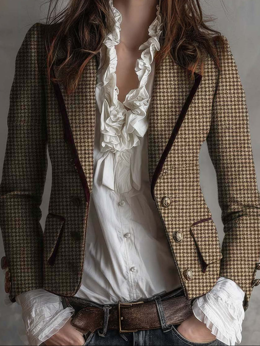 Rosalie – Houndstooth Tailored Blazer with Velvet Trim