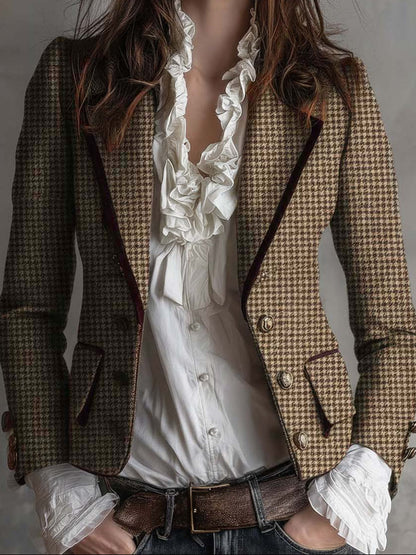 Rosalie – Houndstooth Tailored Blazer with Velvet Trim