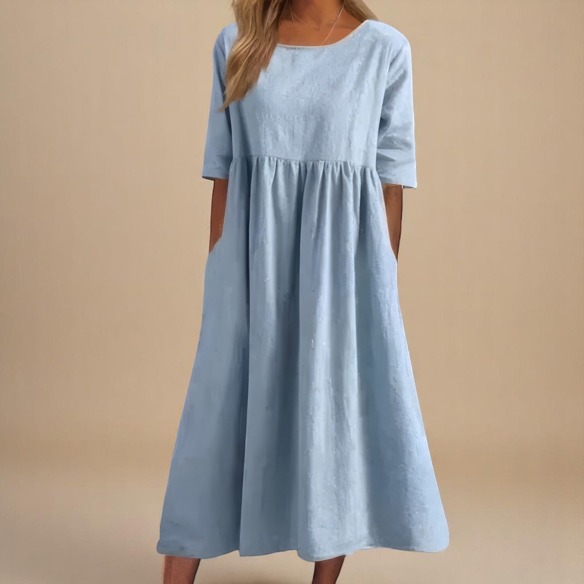 Janice – Relaxed Gathered Midi Dress with Pockets