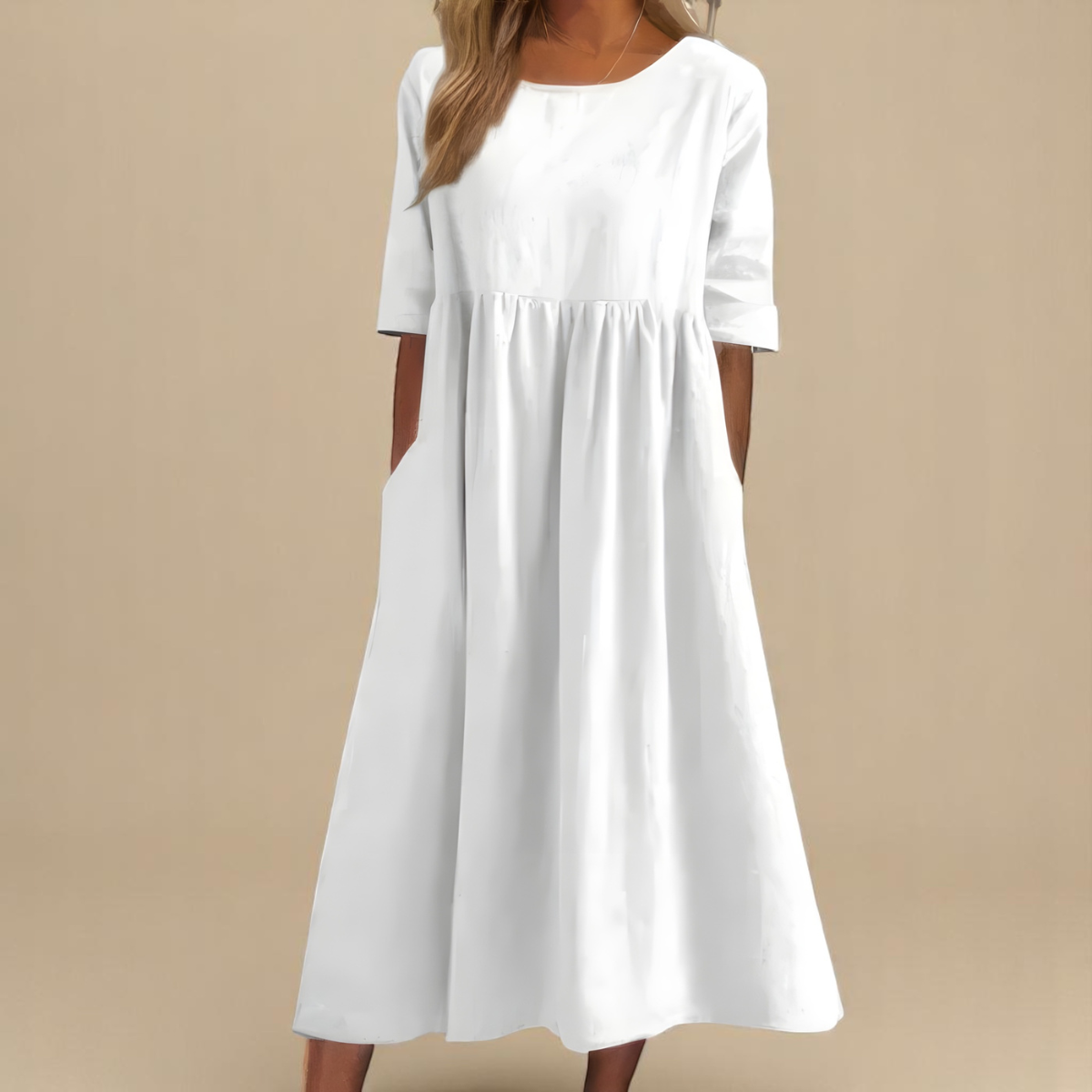 Janice – Relaxed Gathered Midi Dress with Pockets