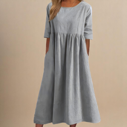 Janice – Relaxed Gathered Midi Dress with Pockets