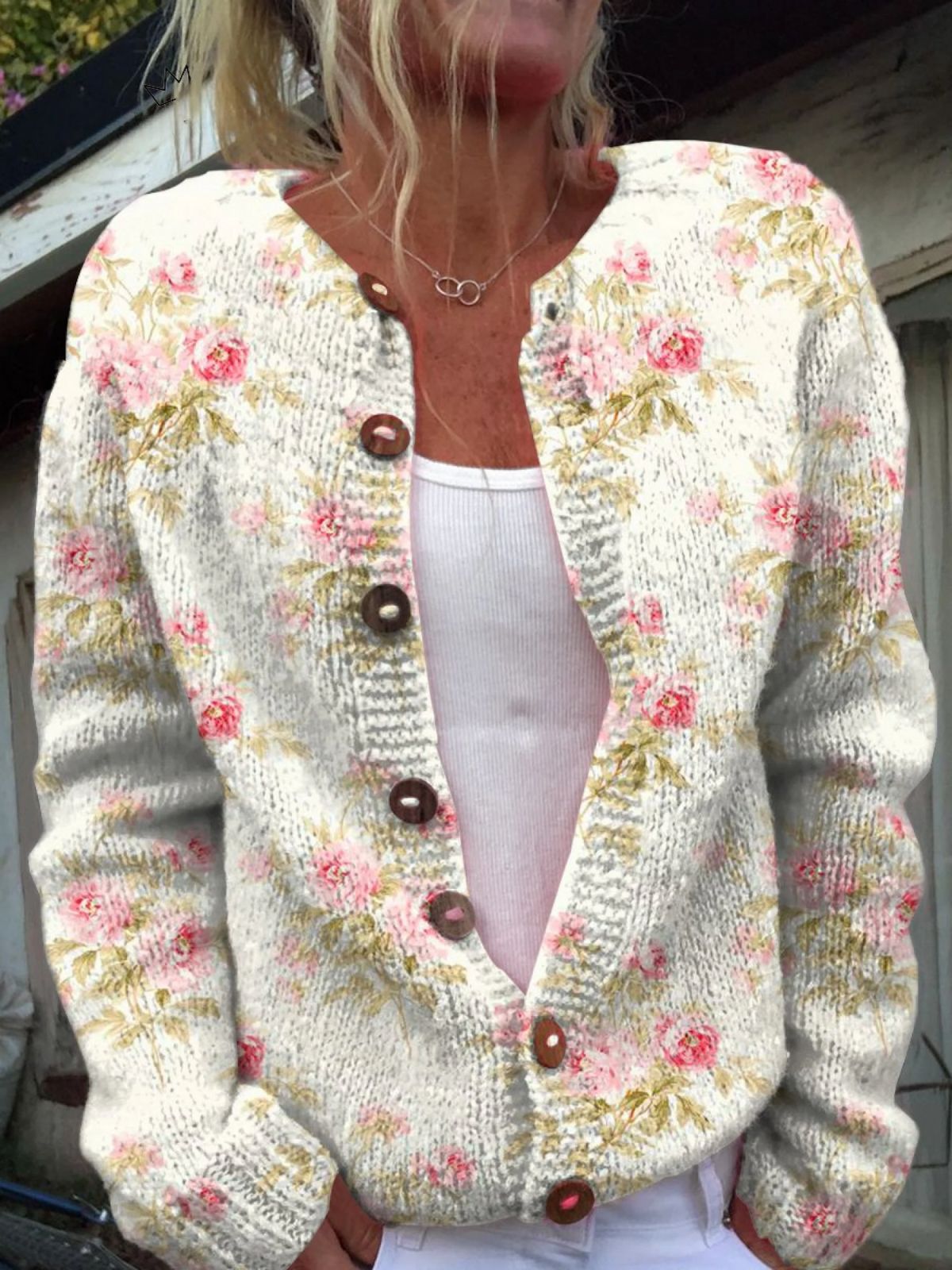 Angela – Floral Knit Button-Front Cardigan