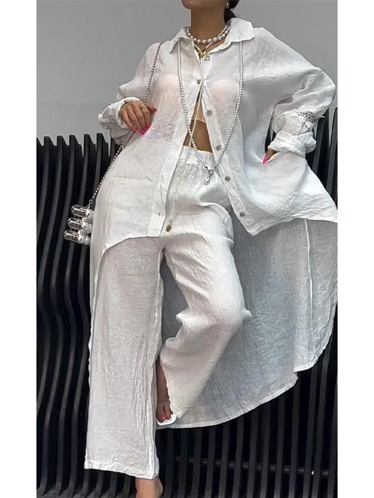 Barbara – Linen-Look Long Shirt and Wide-Leg Pant Set