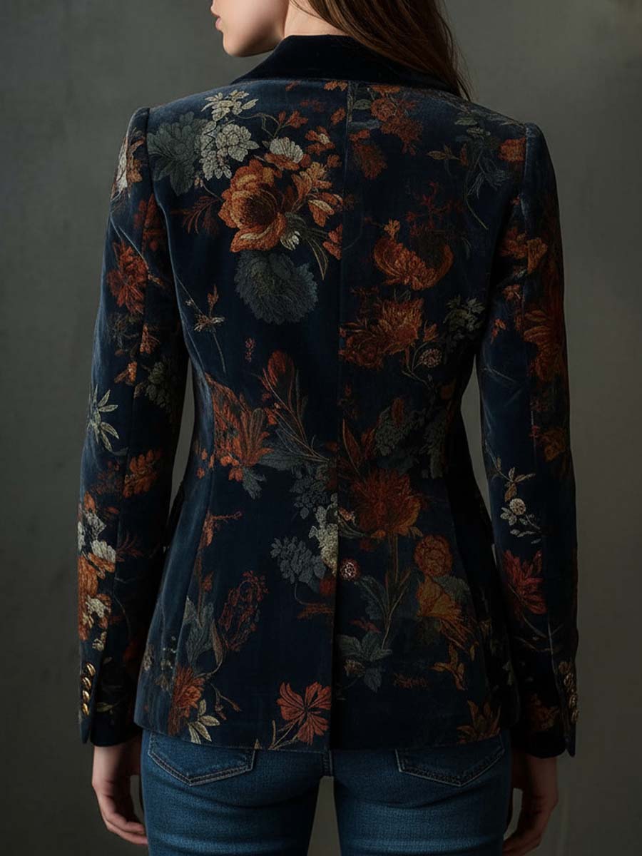 Maxine – Floral Velvet Blazer with Gold Buttons