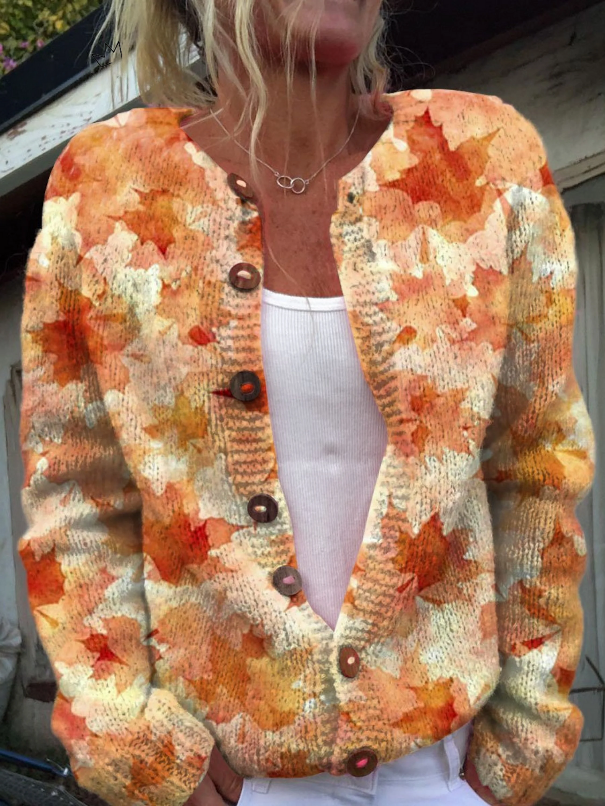 Vonda – Vintage Leaf Print Knit Cardigan