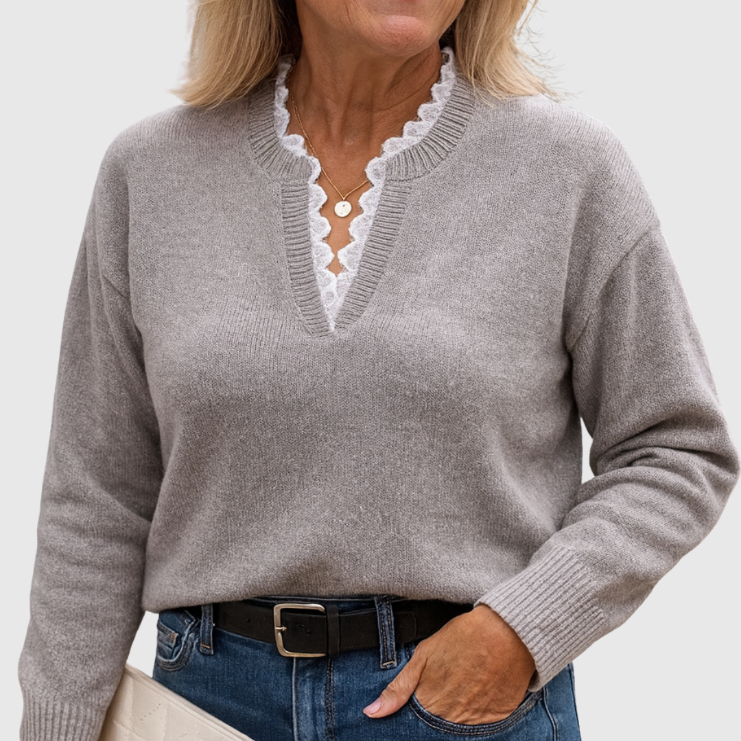 Georgette – Lace-Trim V-Neck Knit Jumper
