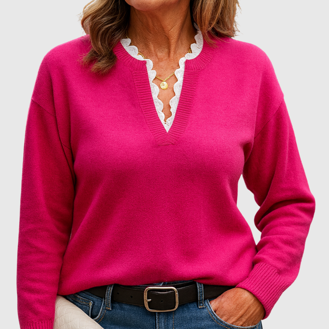 Georgette – Lace-Trim V-Neck Knit Jumper