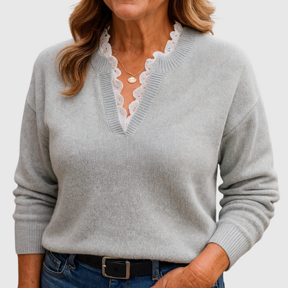 Georgette – Lace-Trim V-Neck Knit Jumper