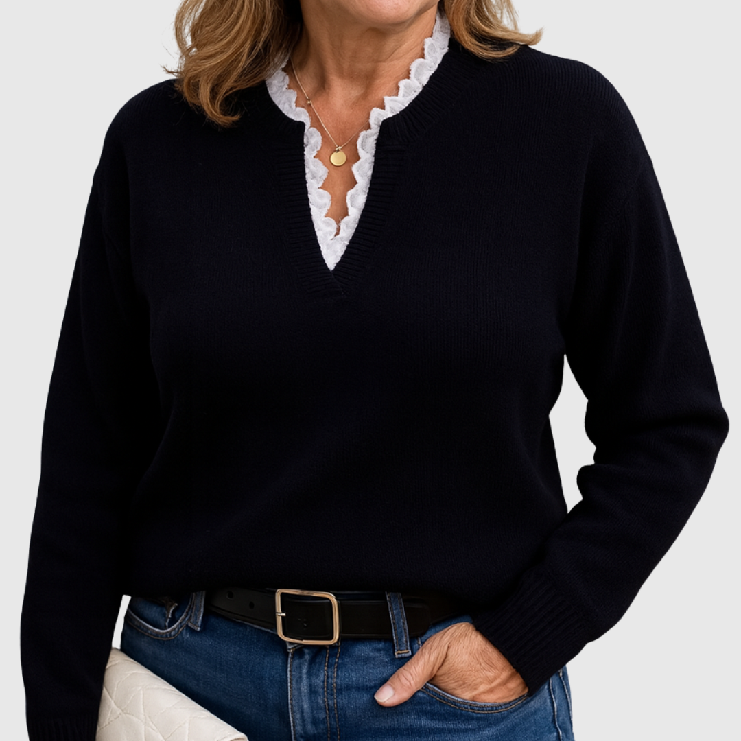 Georgette – Lace-Trim V-Neck Knit Jumper