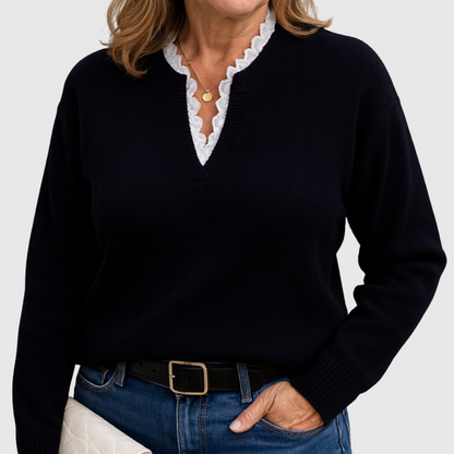 Georgette – Lace-Trim V-Neck Knit Jumper