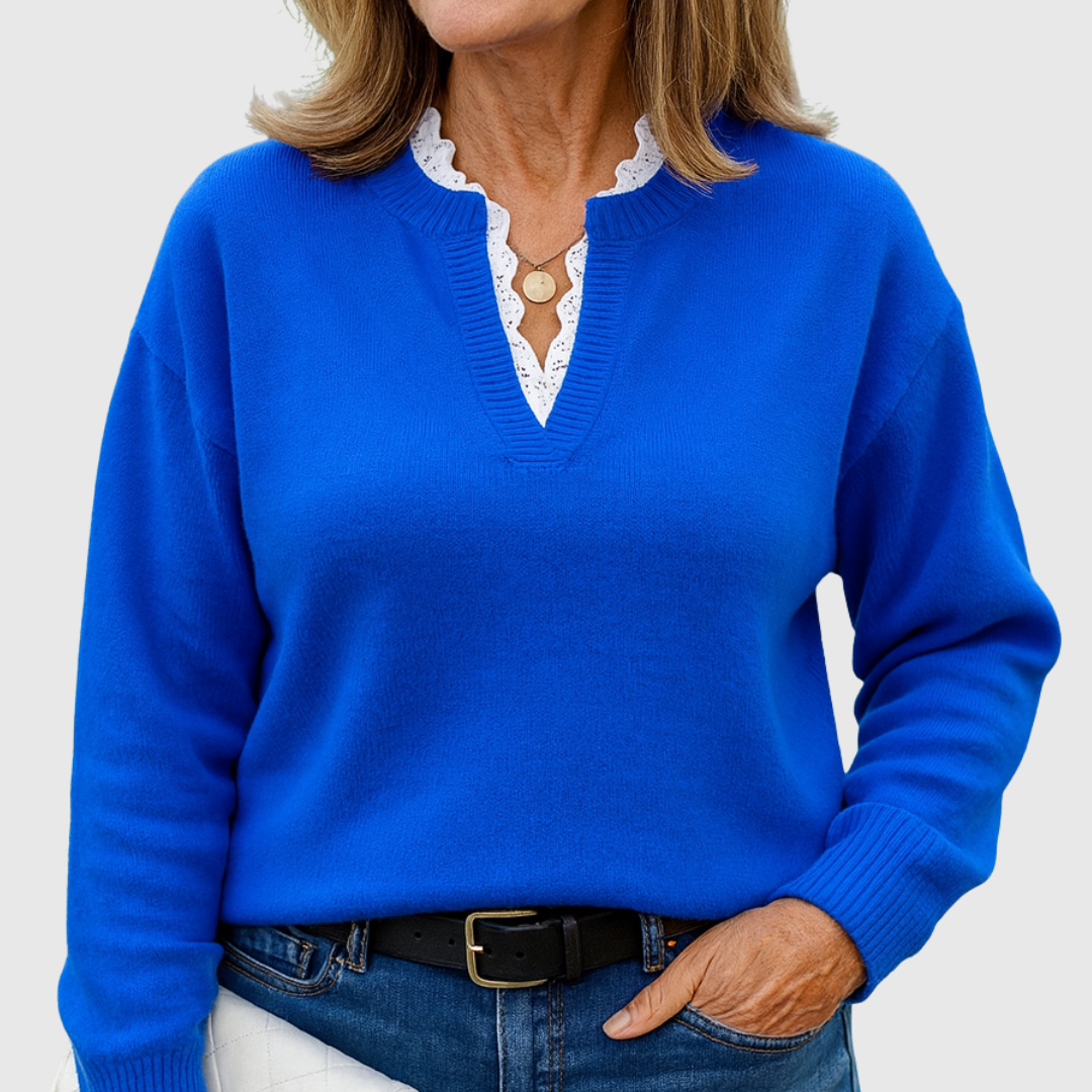 Georgette – Lace-Trim V-Neck Knit Jumper