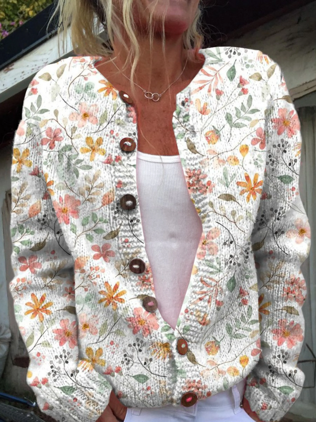 Sara – Floral Knit Button-Front Cardigan