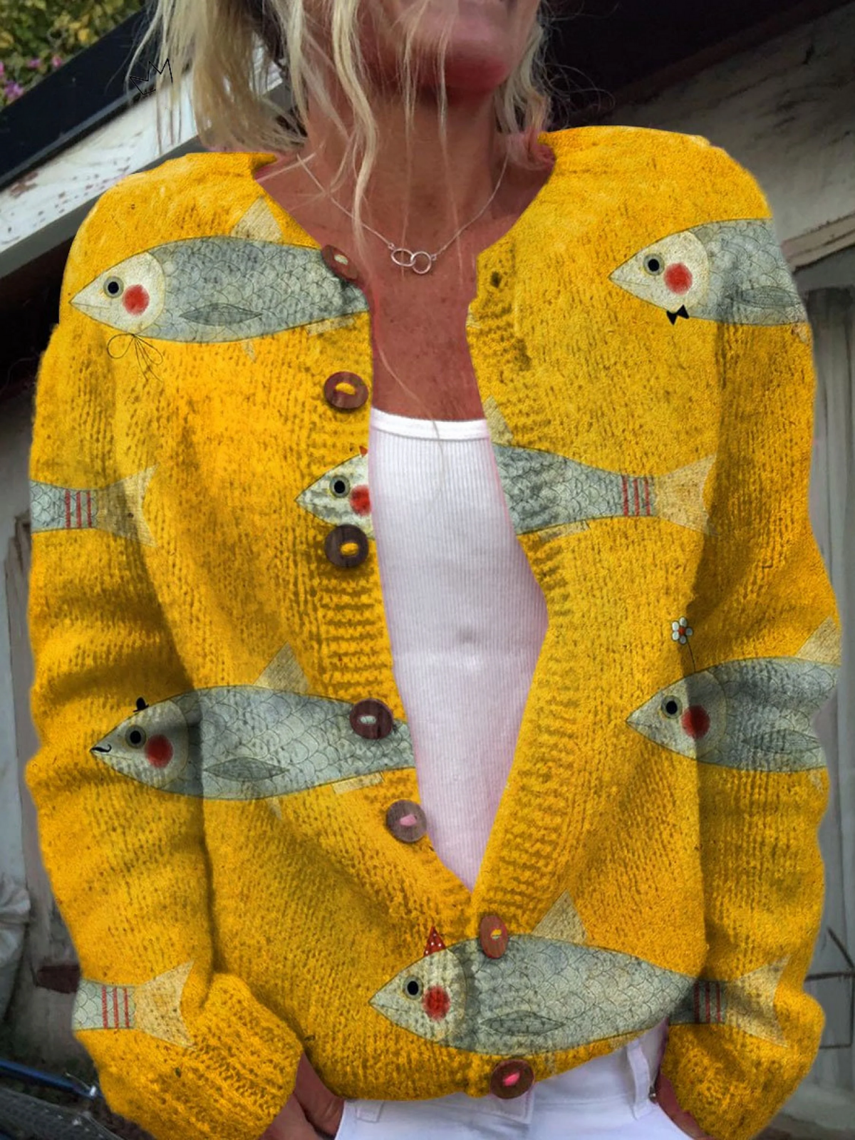 Nicole – Vintage Knit Fish Print Cardigan