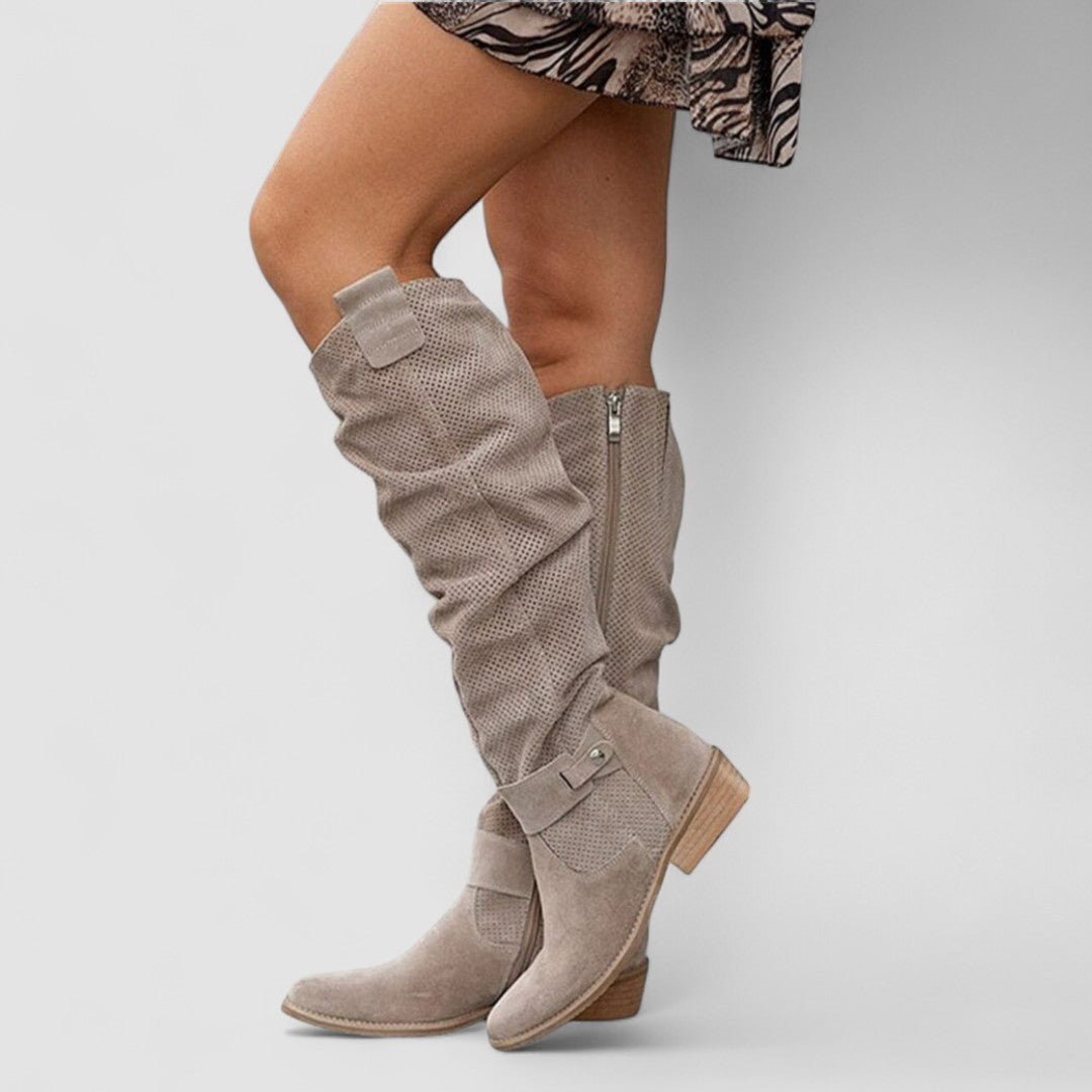 Cynthia – Knee-High Perforated Suede Boots