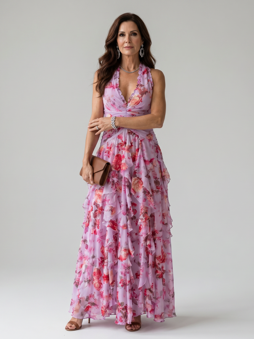 Avery | Halter Ruched Floral Maxi Dress