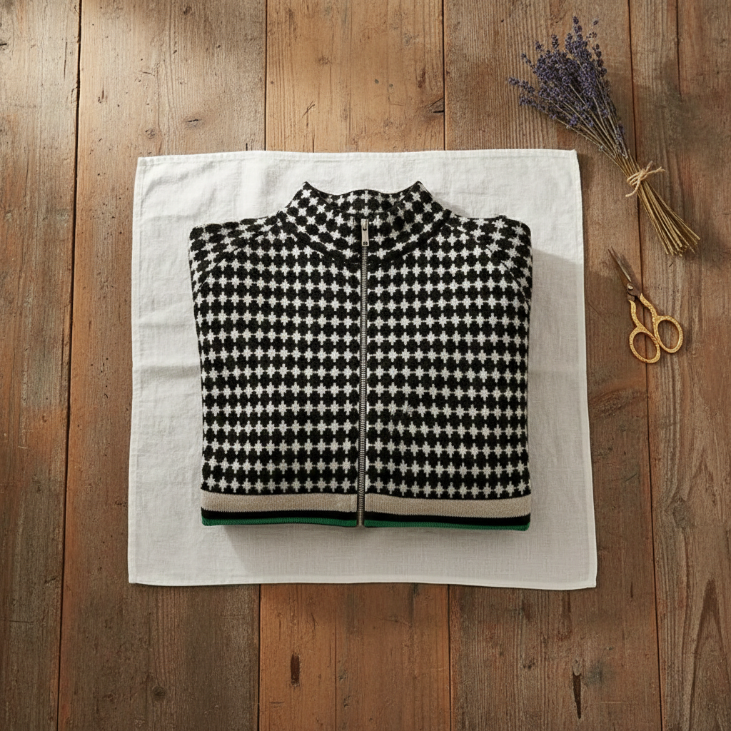 Colleen – Zip-Up Houndstooth Knit Cardigan