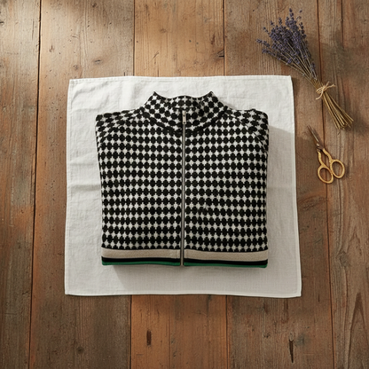 Colleen – Zip-Up Houndstooth Knit Cardigan