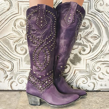 Elaine – Studded Knee-High Western Boots