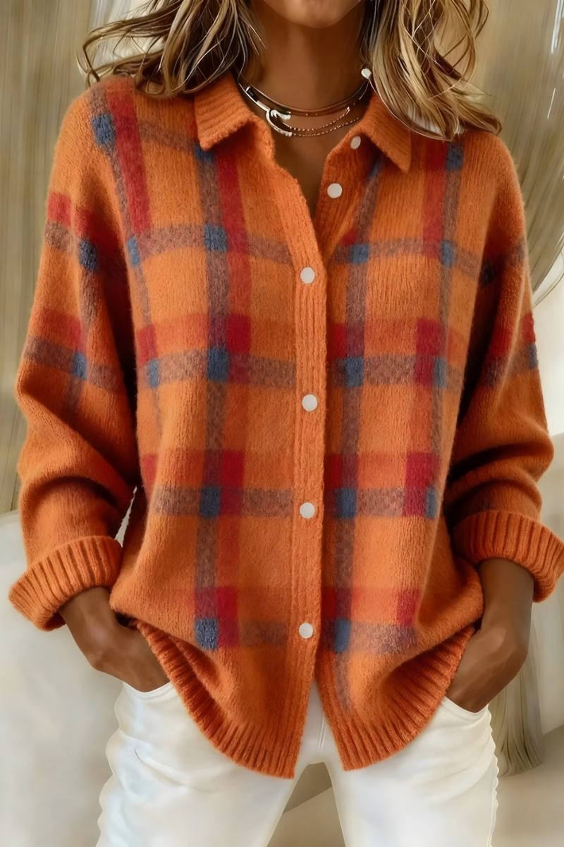 Janine – Plaid Knit Button-Down Cardigan
