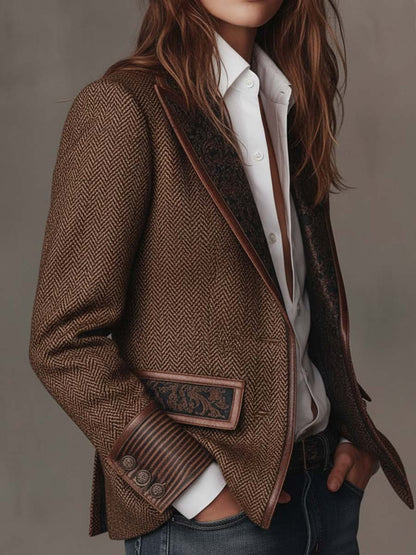 Carleen – Herringbone Blazer with Printed Panels