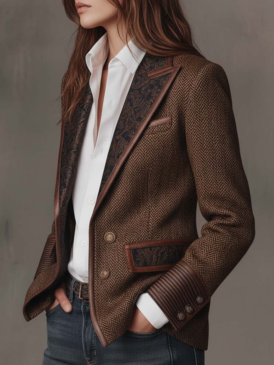 Carleen – Herringbone Blazer with Printed Panels