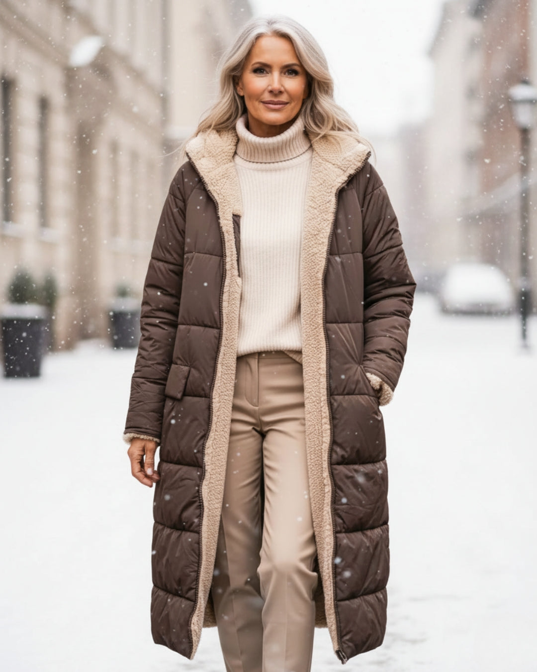 Debra – Quilted Sherpa-Lined Long Coat