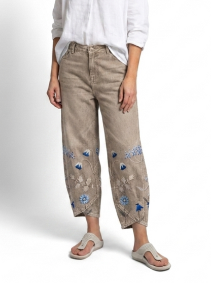 Denise – Floral Embroidered Denim-Look Pants