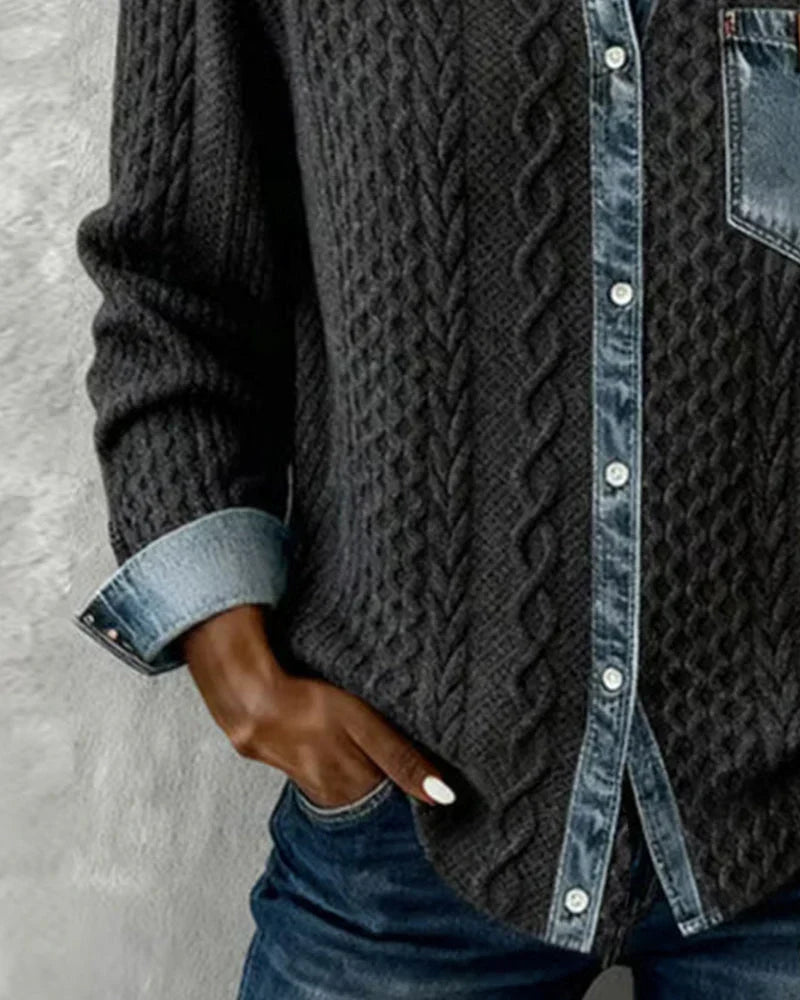 Janelle – Cable Knit Denim Patchwork Top